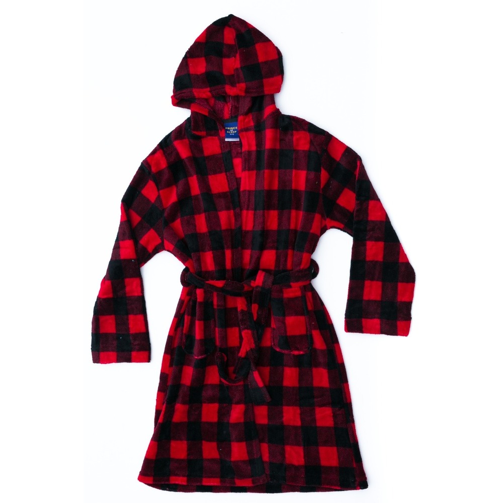 Prince of Sleep Boy's Camo hooded Red Buffalo Plaid Robe Size 10/12 Pre-OwnedEUC